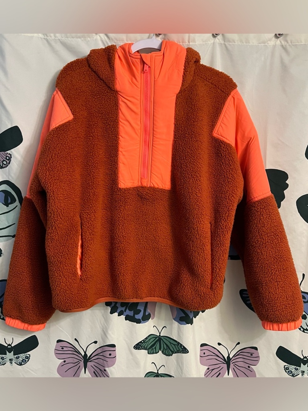 Cozy oversized Sherpa Pullover Jacket - Rust & Neon Orange